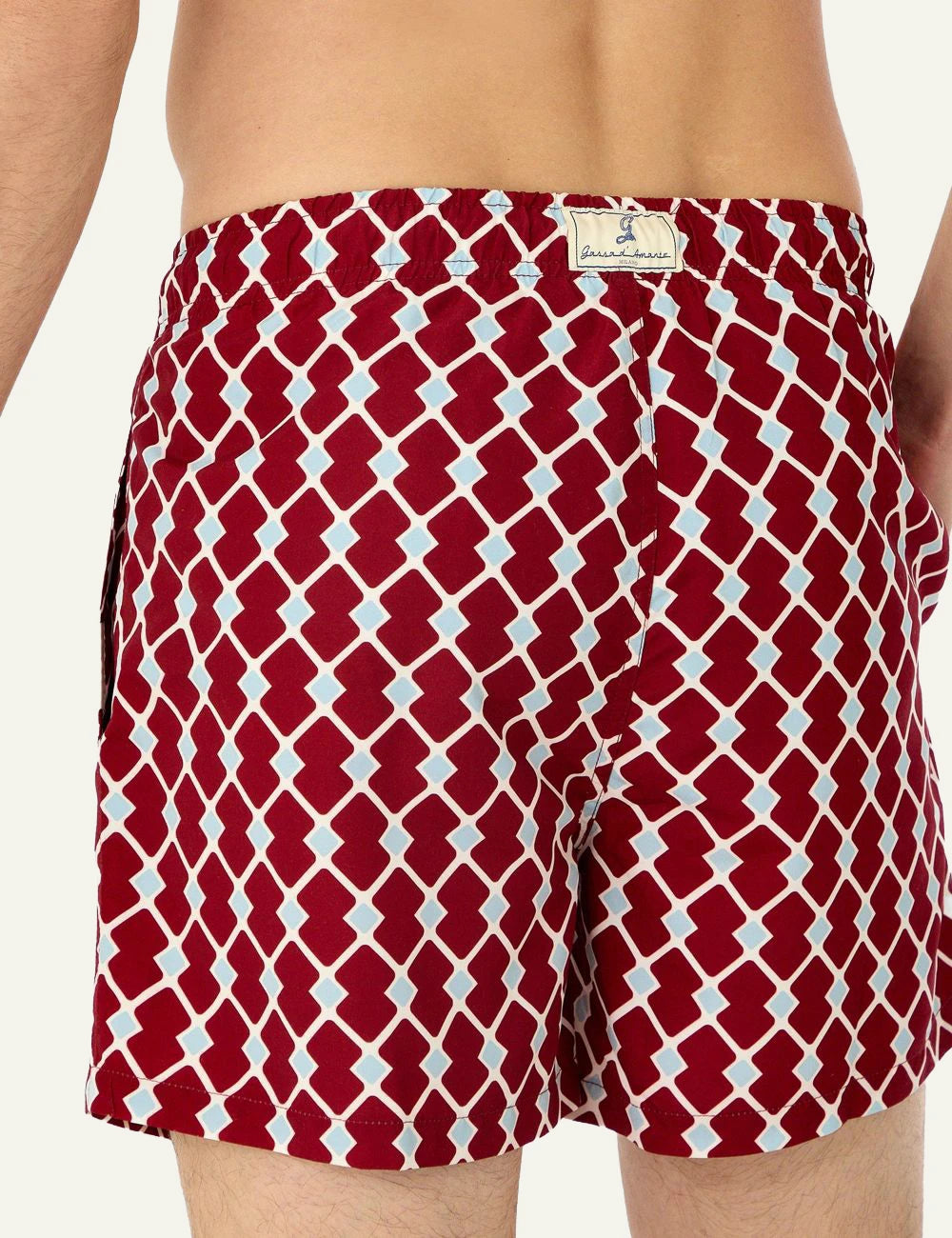 Gassa dAmante Portofino red geometric swim shorts back