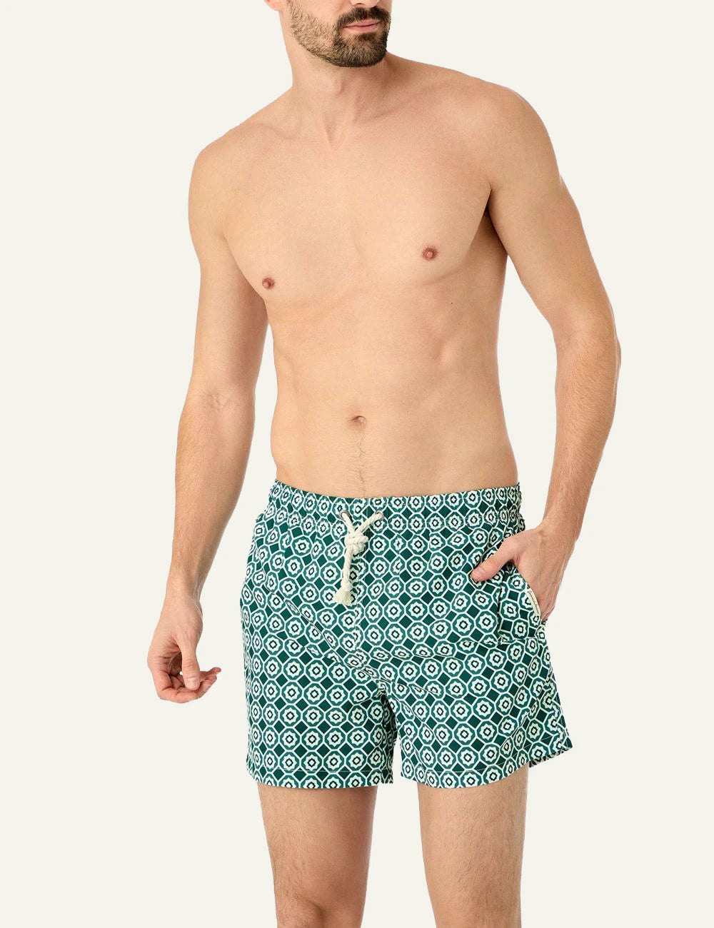 Gassa dAmante Trani green geometric swim shorts front model