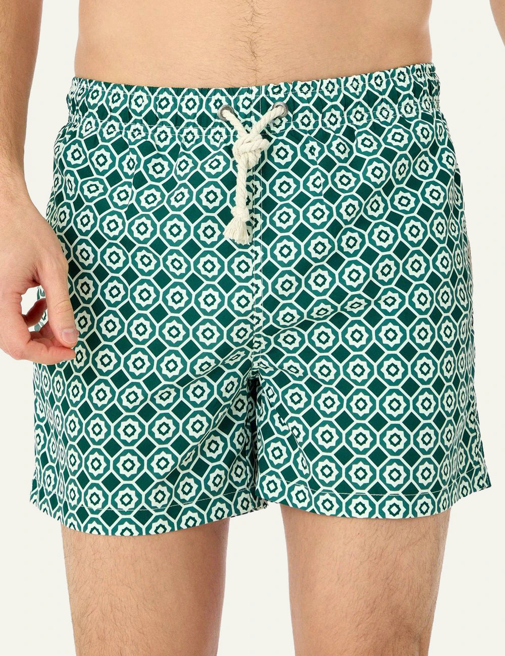 Gassa dAmante Trani green geometric swim shorts front detail
