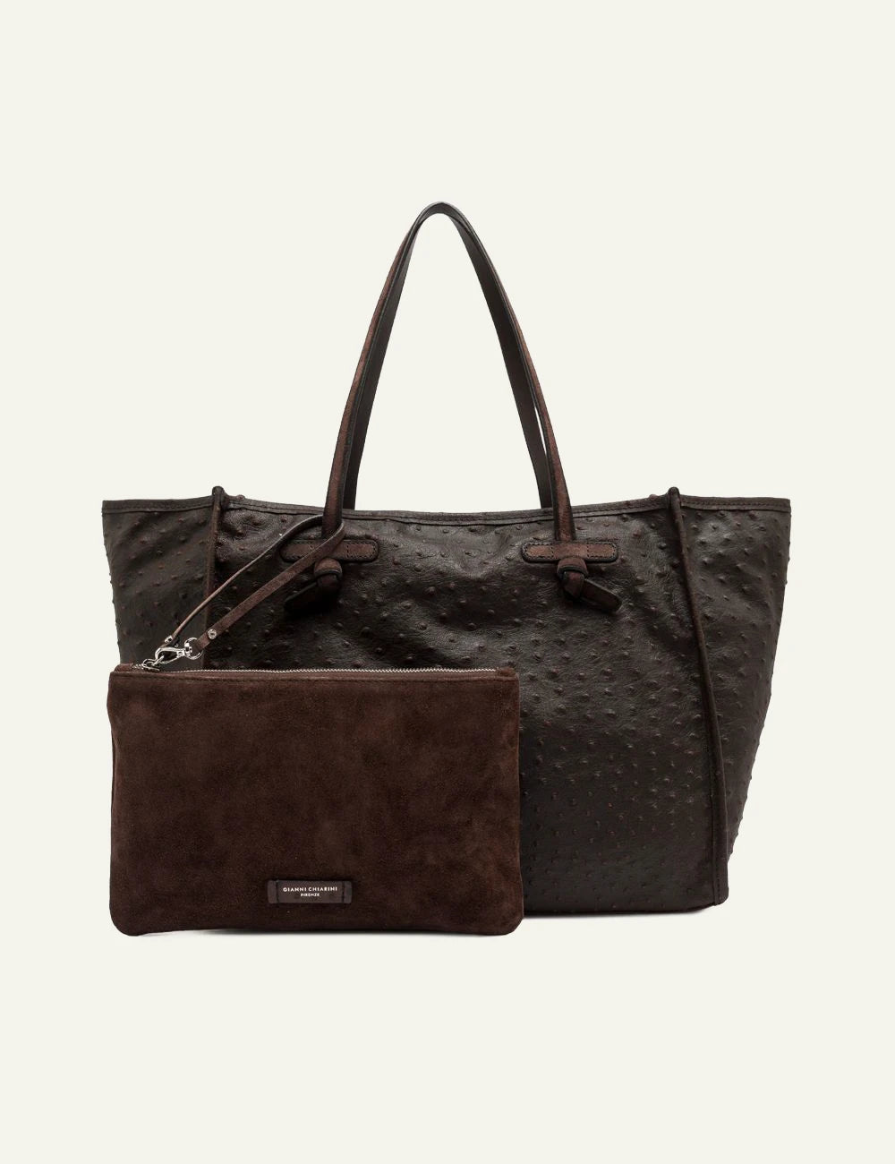 Women's Gianni Chiarini Marcella Exotic large brown ostrich print leather shopping tote bag with removable leather pouch full
