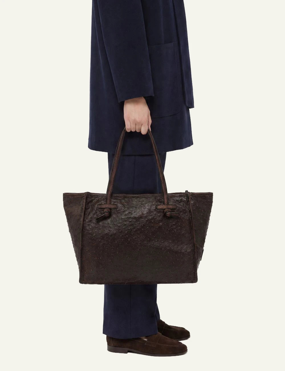 Women's Gianni Chiarini Marcella Exotic large brown ostrich print leather shopping tote bag with removable leather pouch model