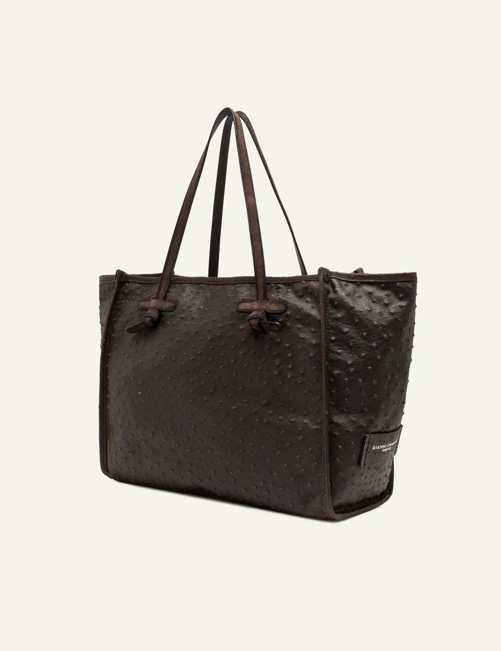 Women's Gianni Chiarini Marcella Exotic large brown ostrich print leather shopping tote bag with removable leather pouch side