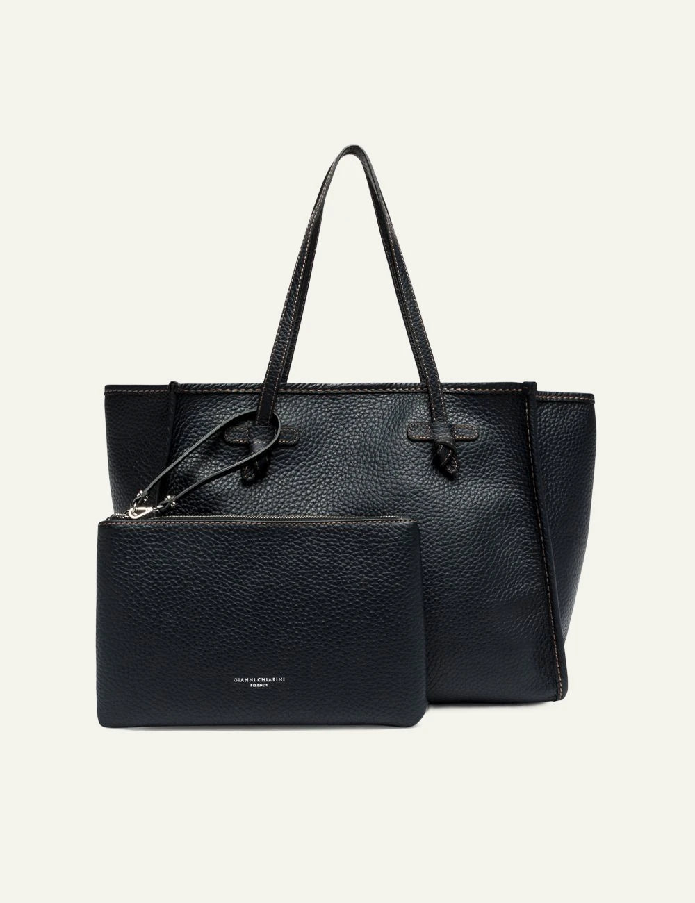 Women's Gianni Chiarini Marcella Hiking large blue double grain leather shopping tote bag with removable pouch full