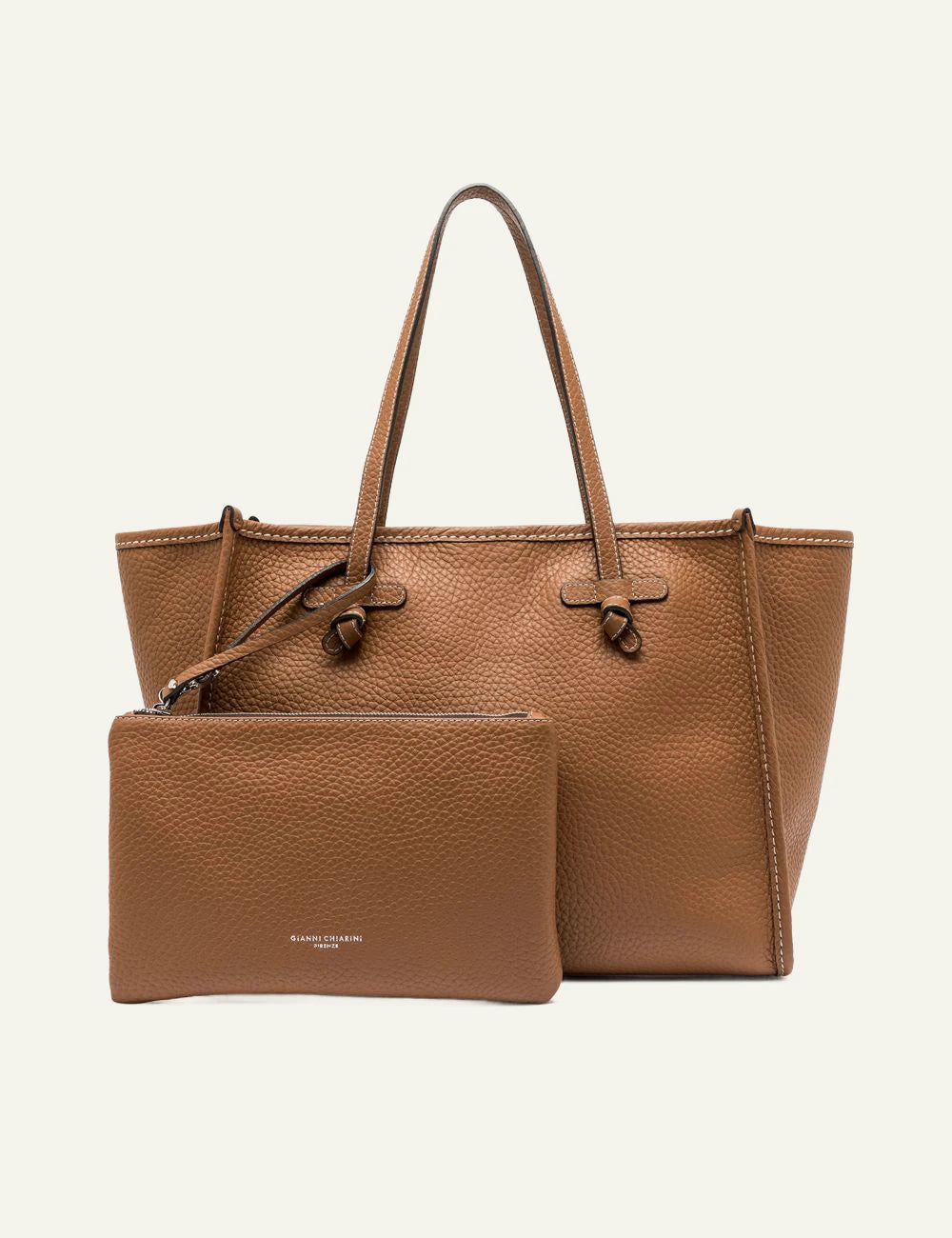 Women's Gianni Chiarini Marcella Hiking large tan double grain leather shopping tote bag with removable pouch full