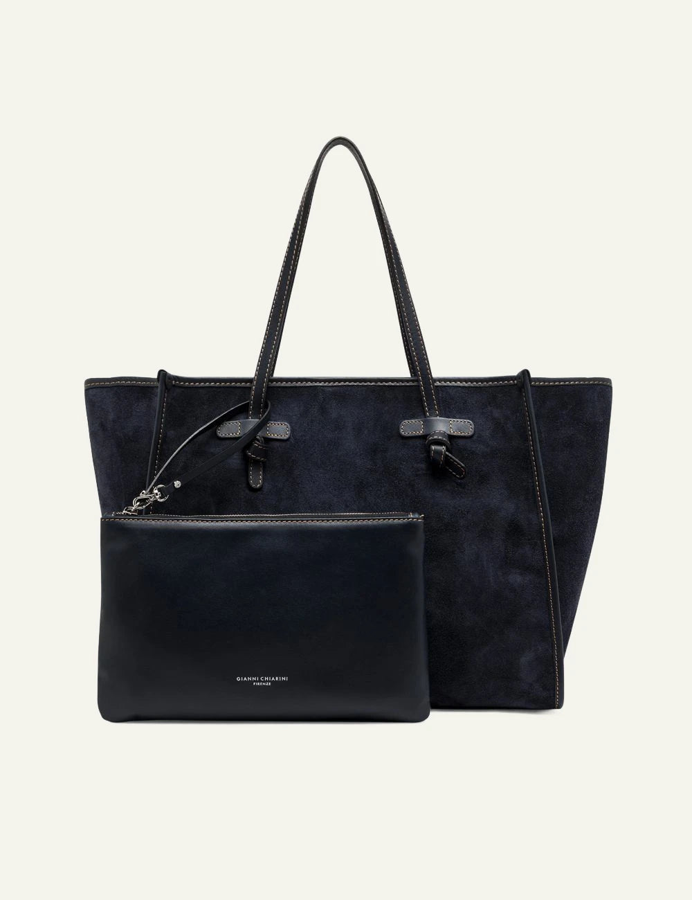 Women's Gianni Chiarini Marcella large blue suede leather shopping tote bag with removable leather pouch full