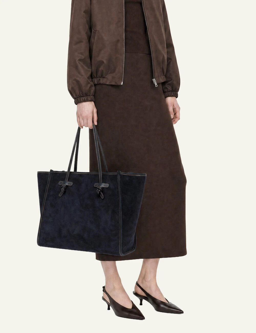 Women's Gianni Chiarini Marcella large blue suede leather shopping tote bag with removable leather pouch model