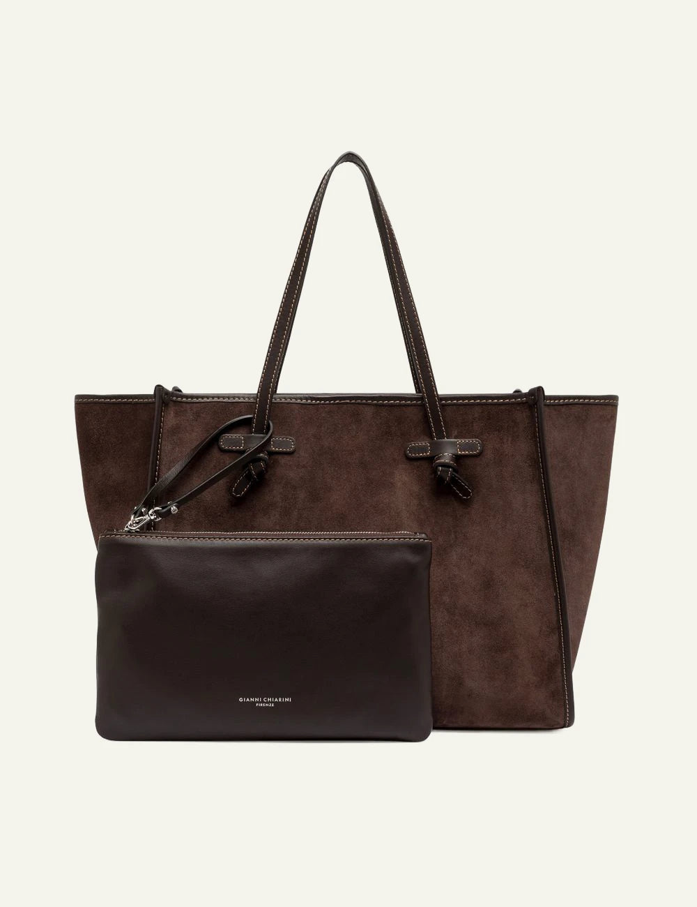 Women's Gianni Chiarini Marcella large brown suede leather shopping tote bag with removable leather pouch full
