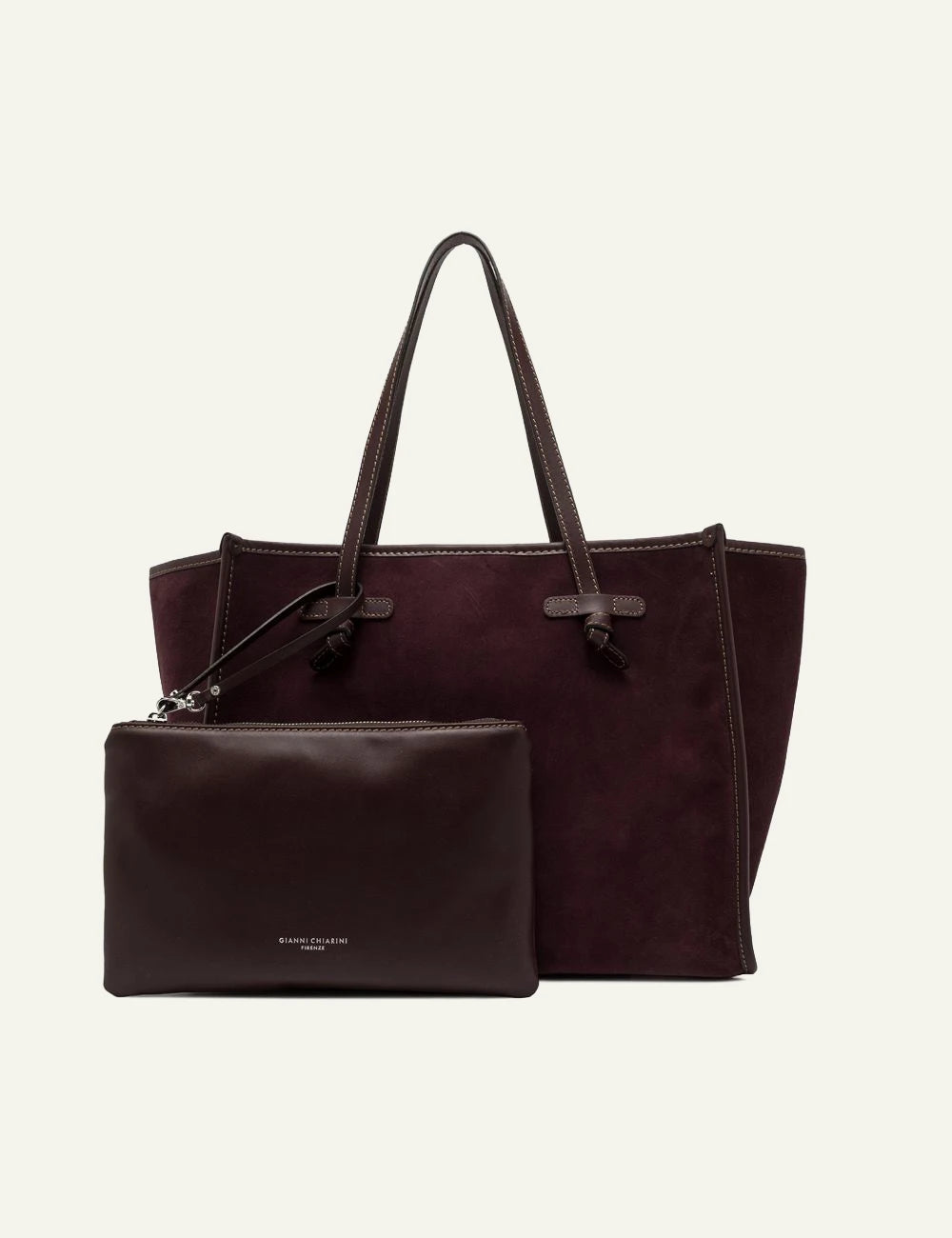 Women's Gianni Chiarini Marcella large burgundy suede leather shopping tote bag with removable leather pouch full