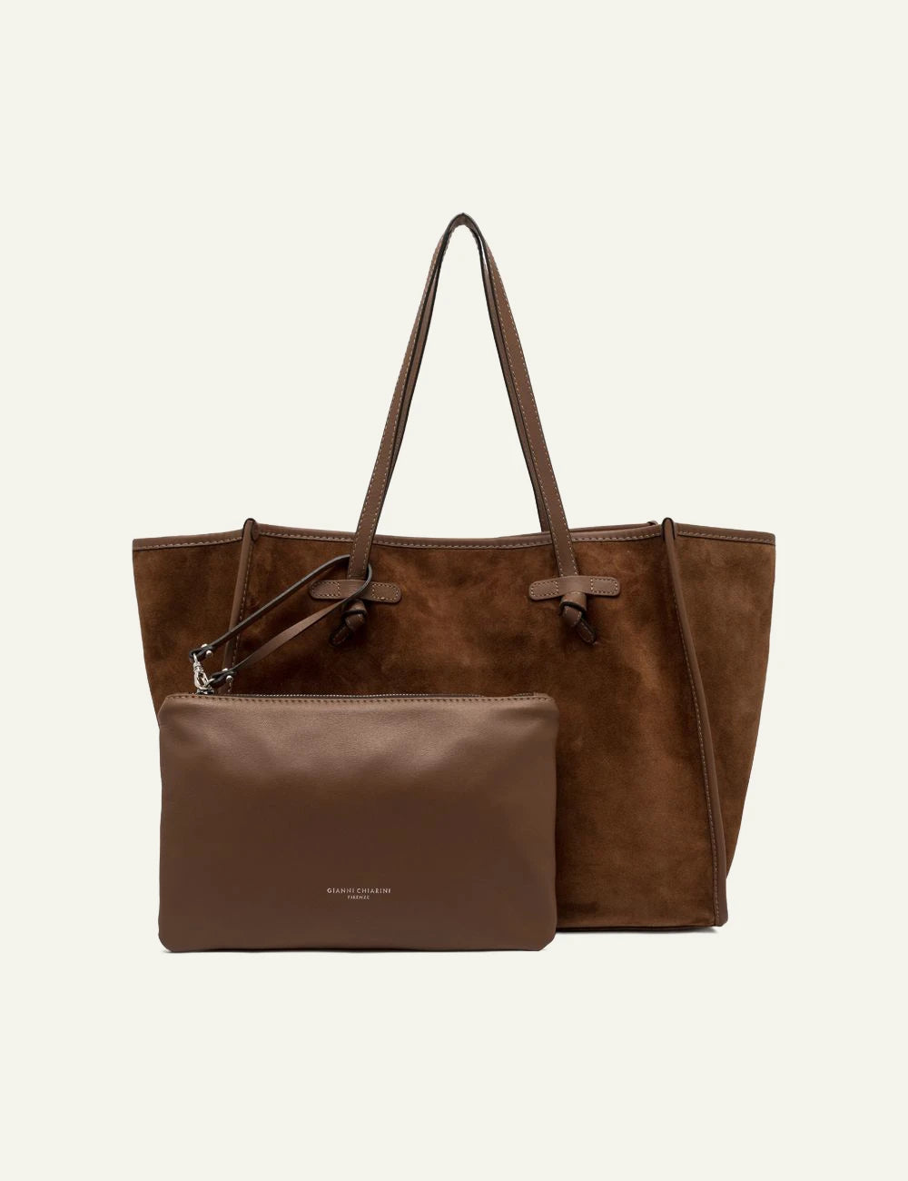 Women's Gianni Chiarini Marcella large tan suede leather shopping tote bag with removable leather pouch full 