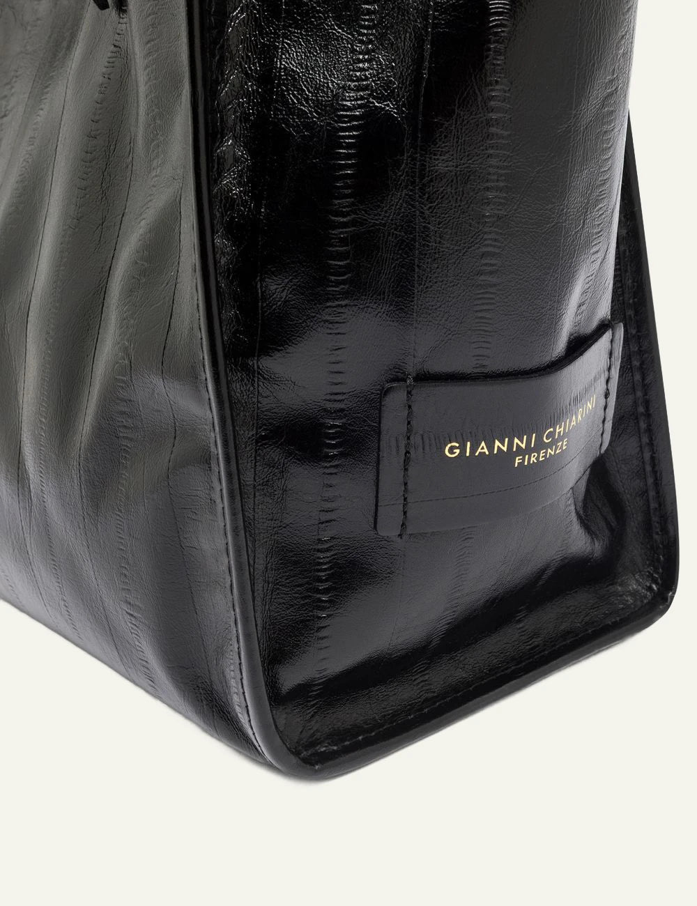 Women's Gianni Chiarini Marcella Luxury large black eel print leather shopping tote bag side detail