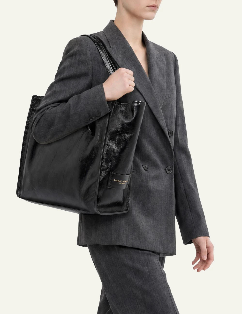 Women's Gianni Chiarini Marcella Luxury large black eel print leather shopping tote bag model