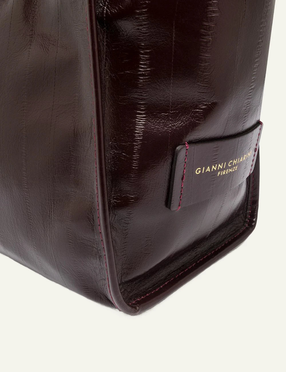 Women's Gianni Chiarini Marcella Luxury large burgundy eel print leather shopping tote bag detail logo