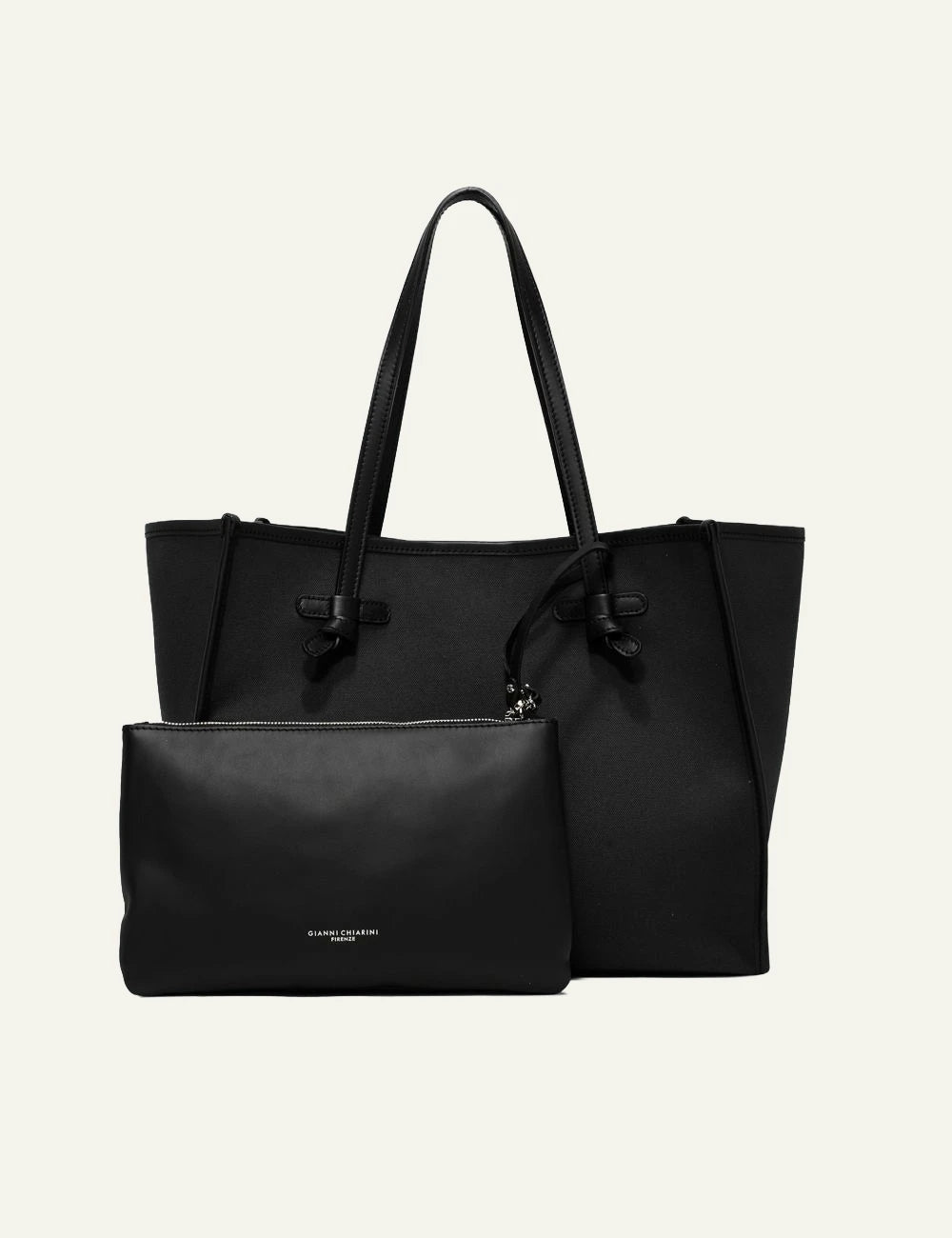 Women's Gianni Chiarini Marcella Original large black canvas shopping tote bag with leather trim and removable pouch full