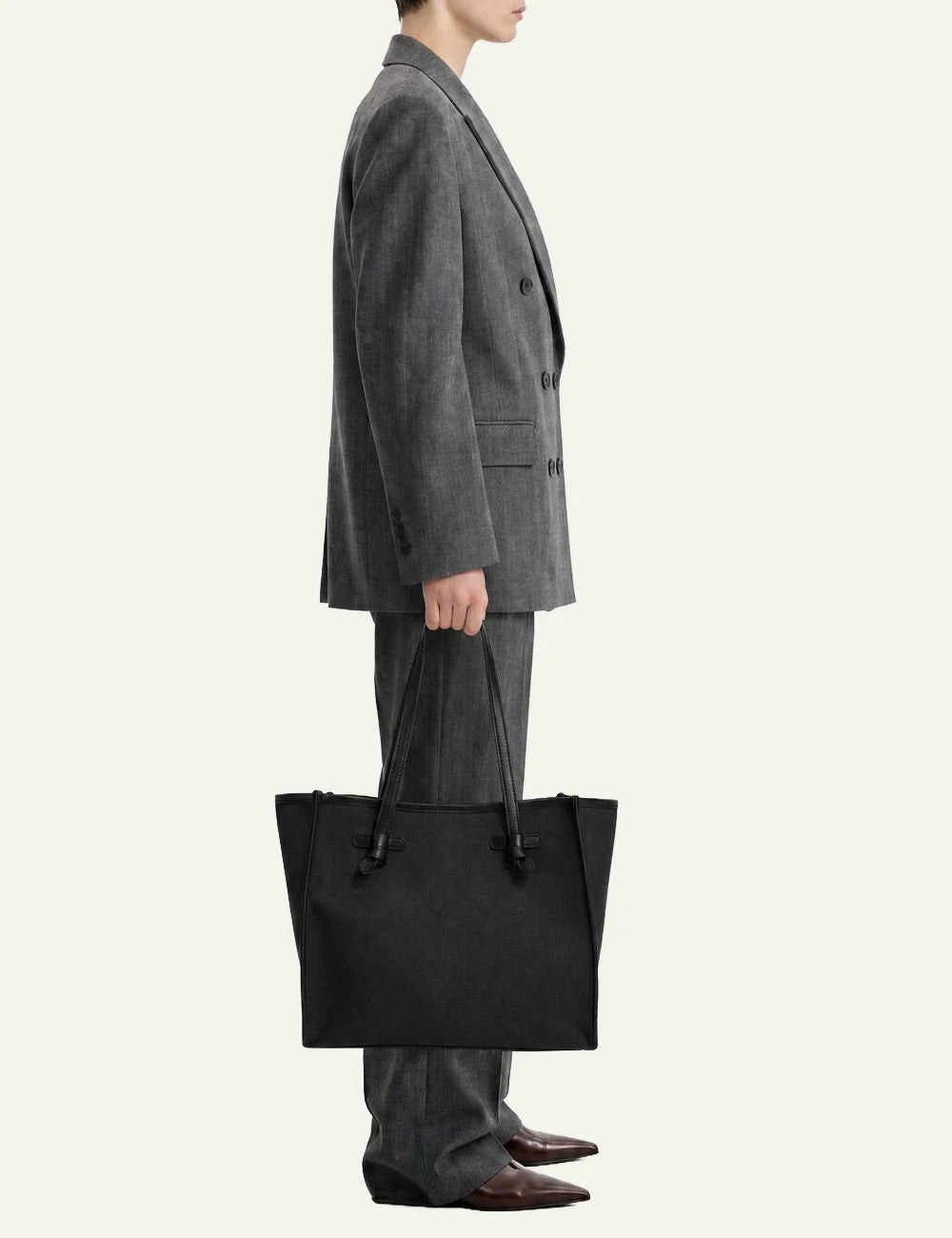 Women's Gianni Chiarini Marcella Original large black canvas shopping tote bag with leather trim and removable pouch model