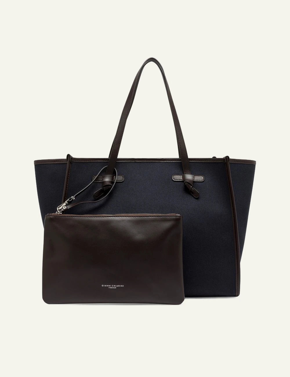 Women's Gianni Chiarini Marcella Original large blue canvas shopping tote bag with leather trim and removable pouch full