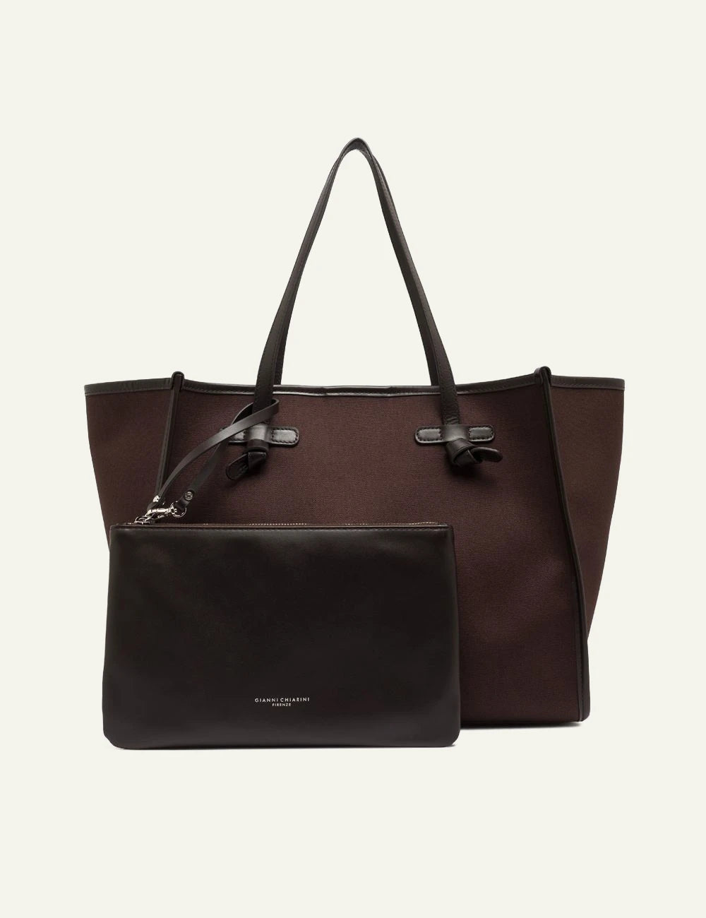 Women's Gianni Chiarini Marcella Original large brown canvas shopping tote bag with leather trim and removable pouch full