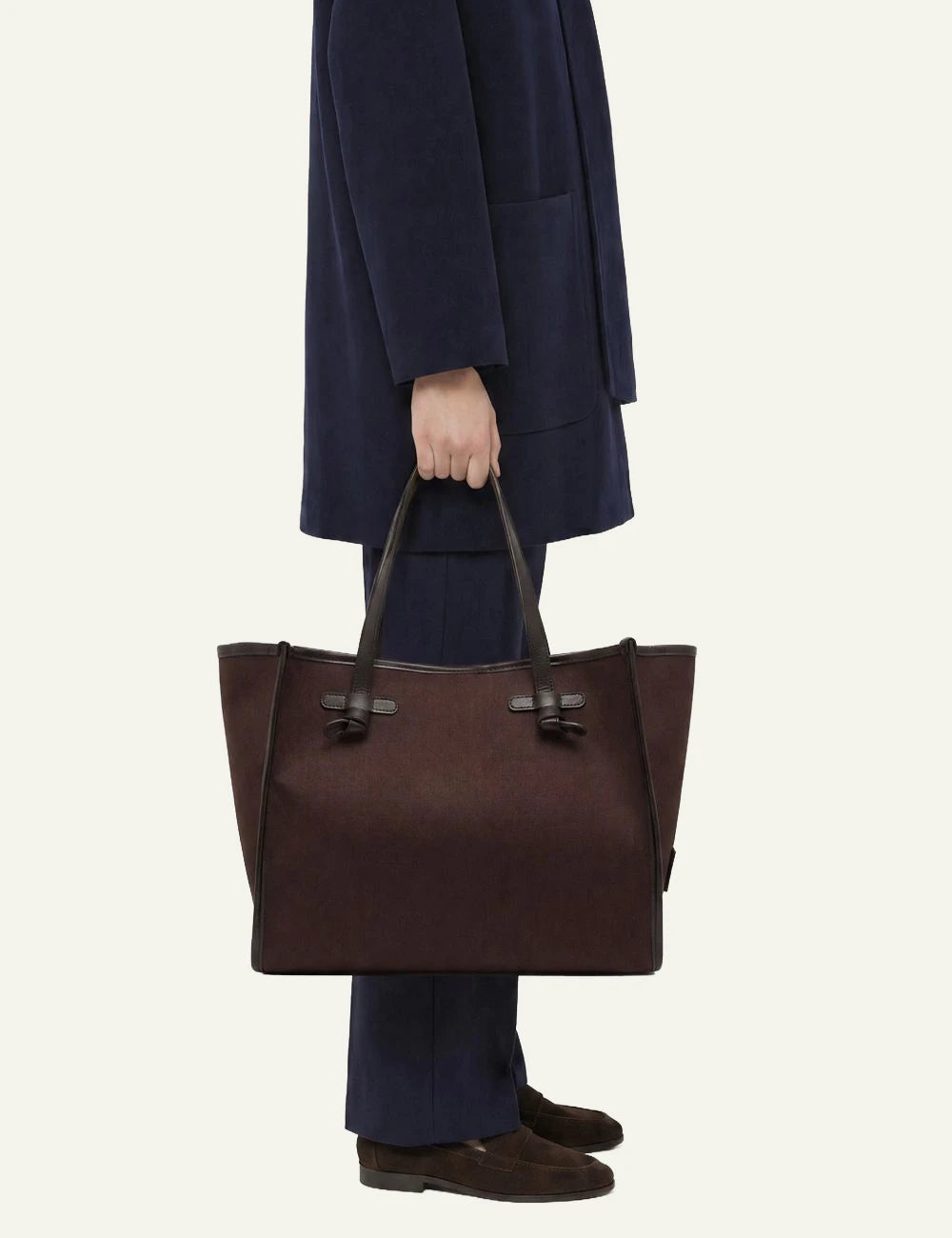 Women's Gianni Chiarini Marcella Original large brown canvas shopping tote bag with leather trim and removable pouch model