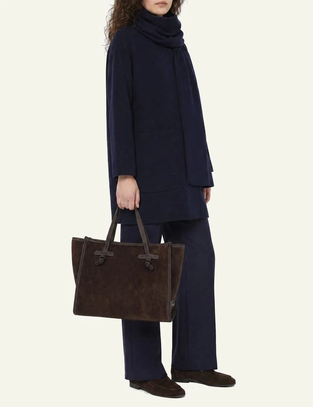 Women's Gianni Chiarini Miss Marcella 32 suede tote bag in brown with leather details model