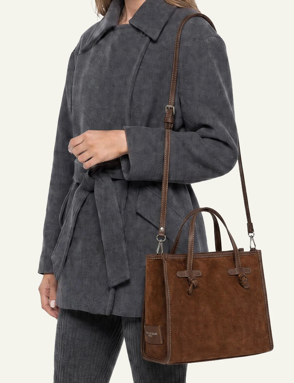 Women's Gianni Chiarini Miss Marcella 32 suede tote bag in tan with leather details model