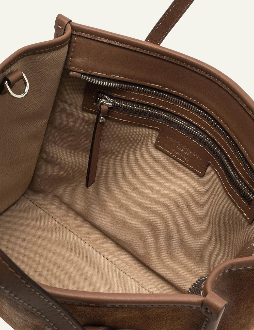 Women's Gianni Chiarini Miss Marcella 32 suede tote bag in tan with leather details top