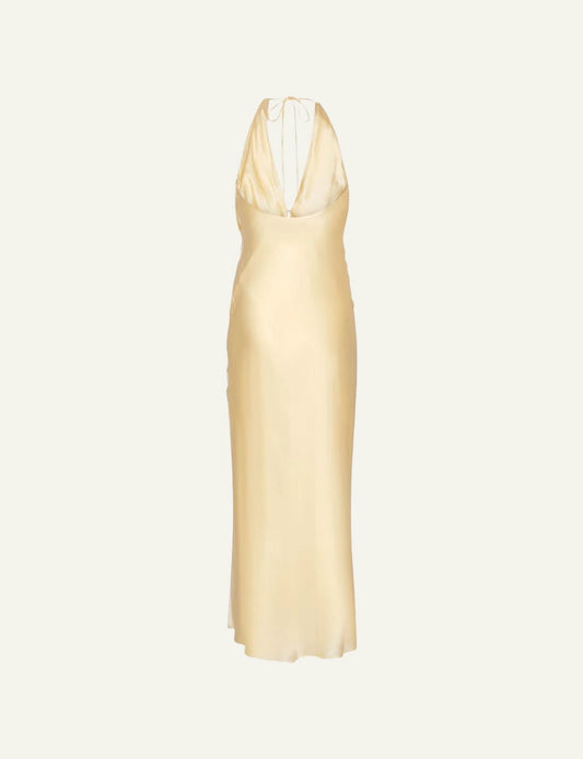 Gold satin halter maxi dress with deep neckline front flat view