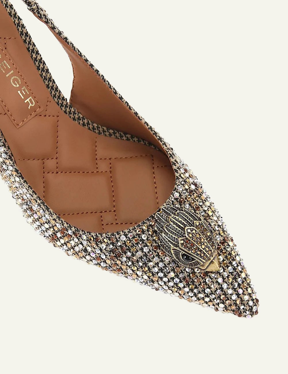 Kurt Geiger Belgravia High Sling crystal embellished slingback pumps in gold angled