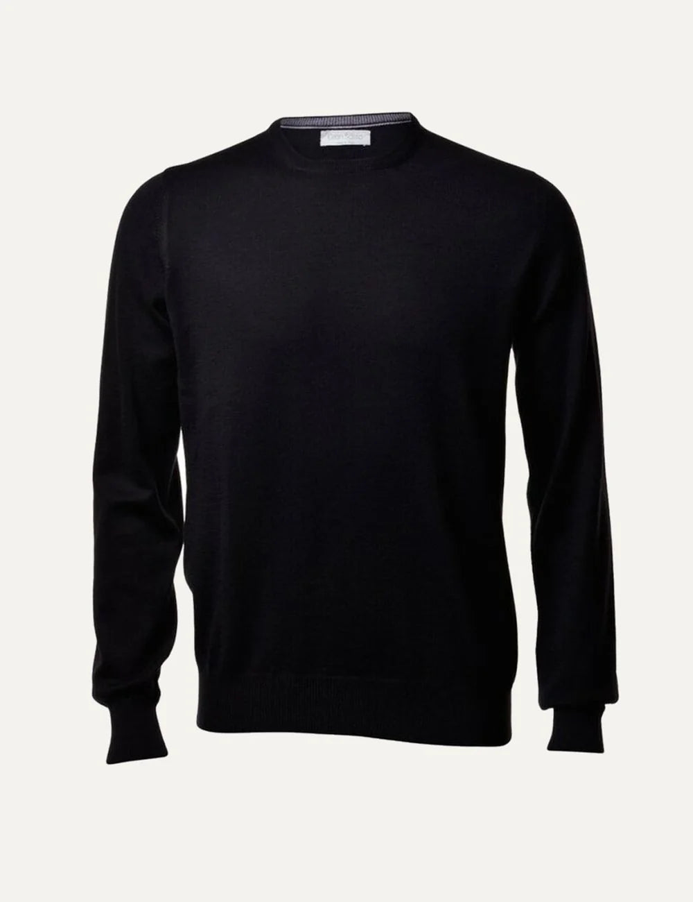 Gran Sasso men's black Merino Extrafine wool crew neck sweater with long sleeves and ribbed cuffs and hem.