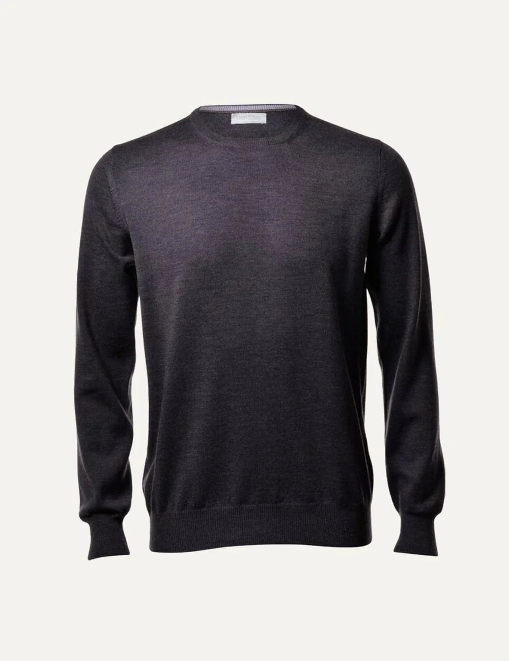 Gran Sasso men's charcoal grey Merino Extrafine wool crew neck sweater with long sleeves and ribbed cuffs and hem.