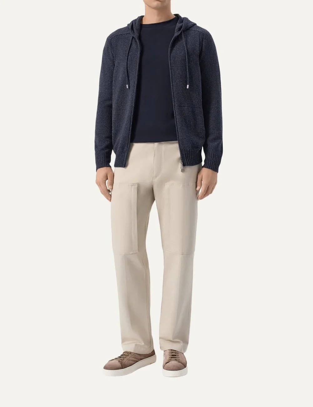 Men's Gran Sasso navy blue knitted wool hooded cardigan with drawstrings, two-way front zipper and ribbed cuffs, full look