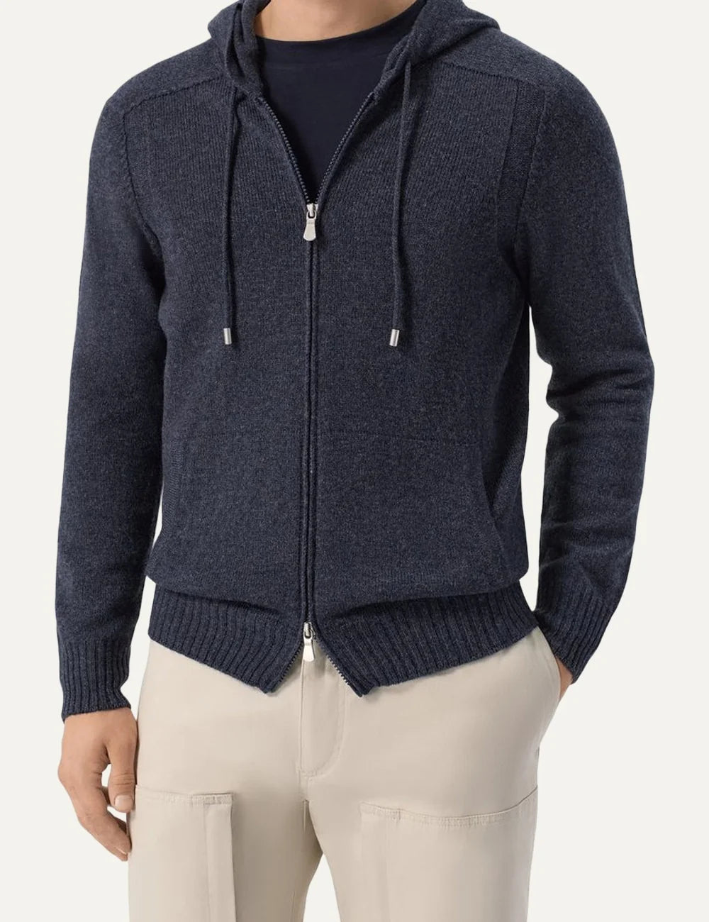 Men's Gran Sasso navy blue knitted wool hooded cardigan with drawstrings, two-way front zipper and ribbed cuffs, front view