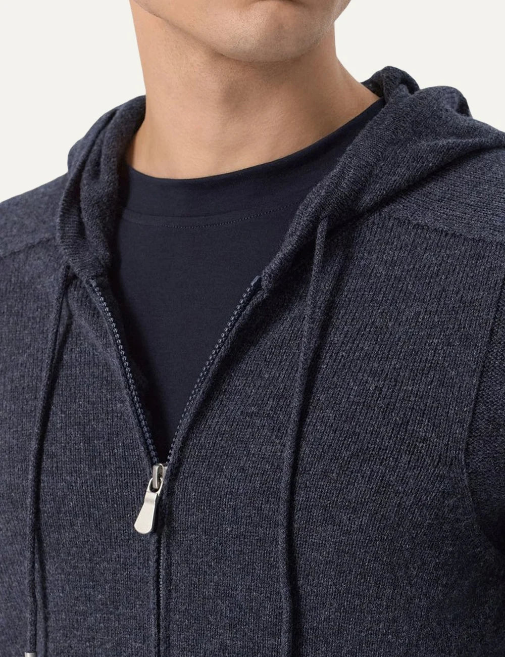 Men's Gran Sasso navy blue knitted wool hooded cardigan with drawstrings, two-way front zipper and ribbed cuffs, zip details