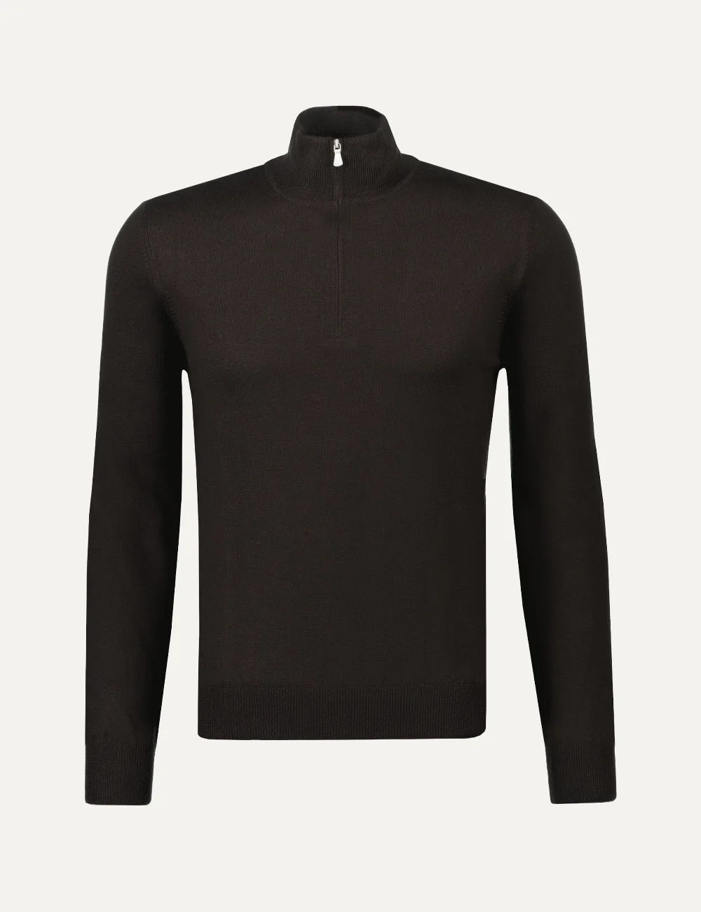 Men's Gran Sasso dark brown virgin wool knit sweater with ribbed high collar and half zip fastening, front view