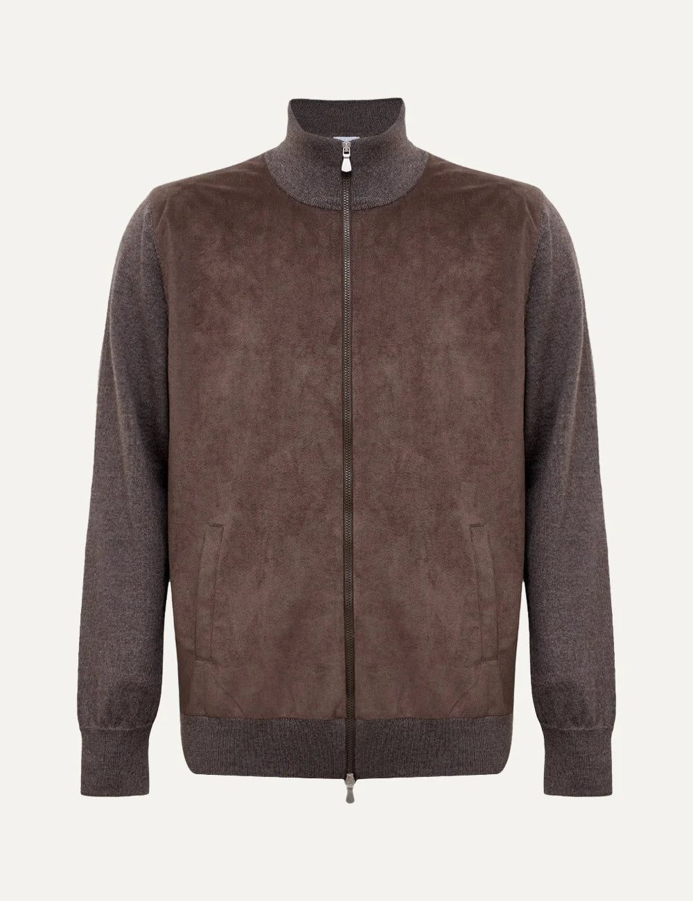Men's Gran Sasso brown merino wool zip-up jacket with Alcantara front panels, stand collar and ribbed cuffs, front view