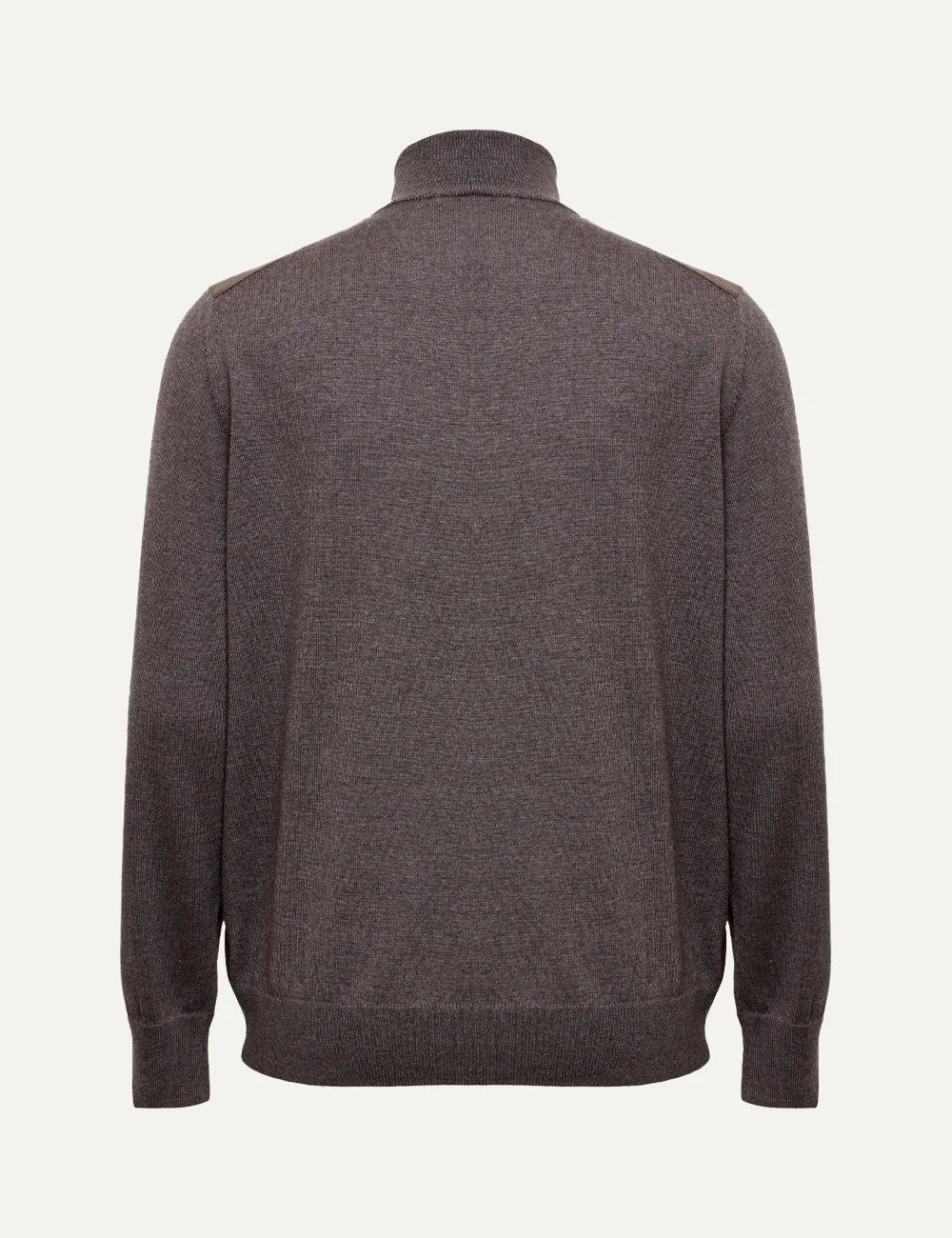 Men's Gran Sasso brown merino wool zip-up jacket with Alcantara front panels, stand collar and ribbed cuffs, back view