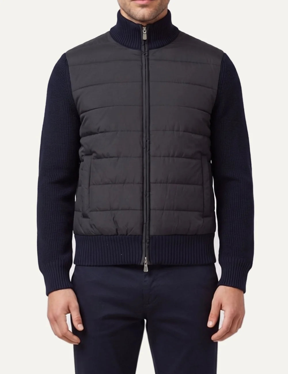 Gran Sasso men navy zip jacket with quilted nylon front, knitted sleeves and ribbed high collar full body