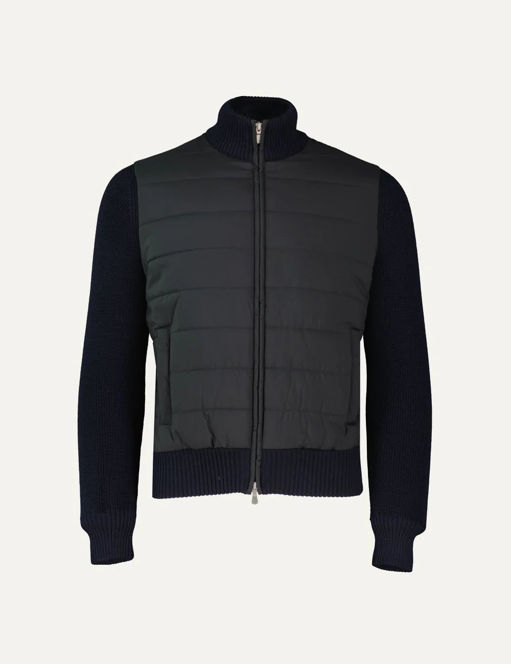 Gran Sasso men navy zip jacket with quilted nylon front, knitted sleeves and ribbed high collar