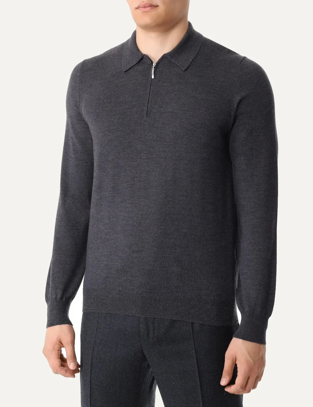Gran Sasso men dark grey wool polo sweater with half-zip collar and long sleeves model