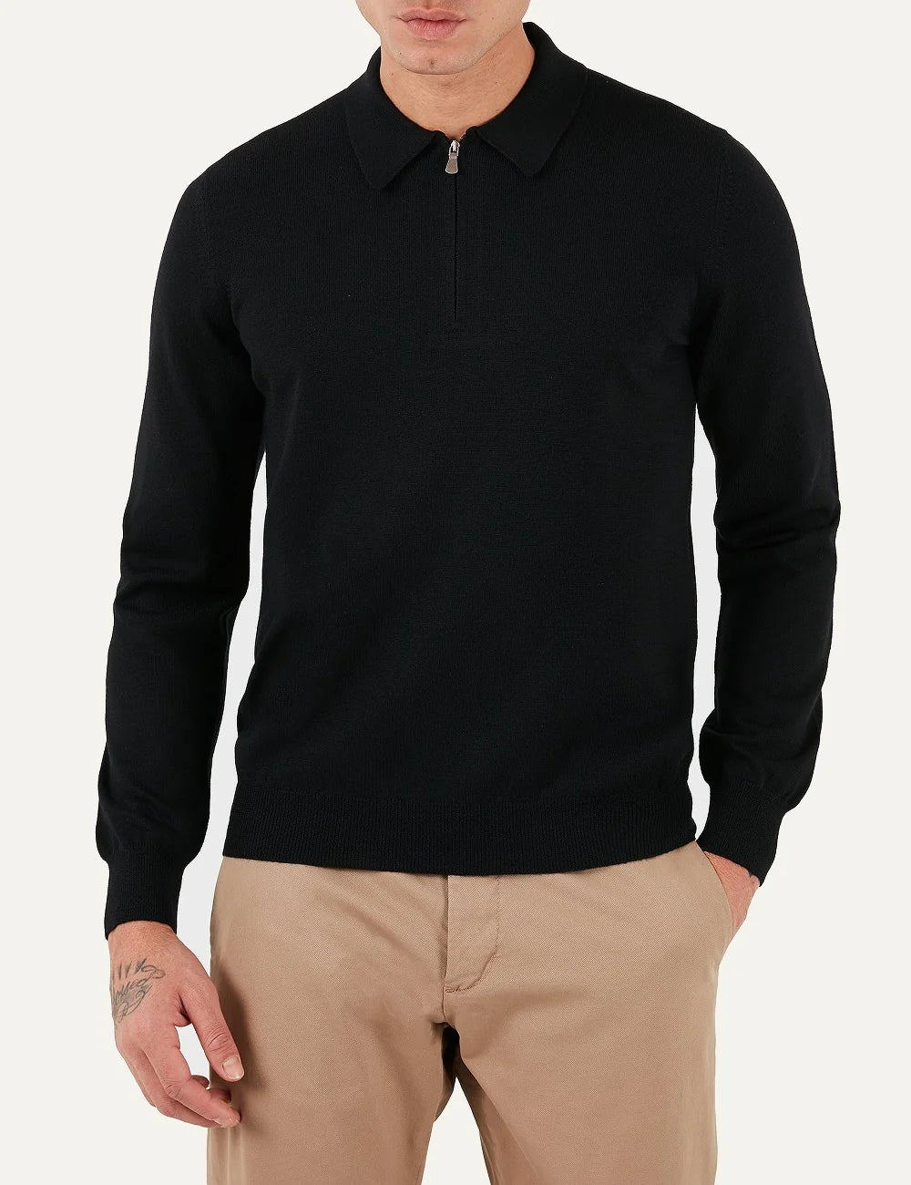 Gran Sasso men black wool polo sweater with half-zip collar and long sleeves