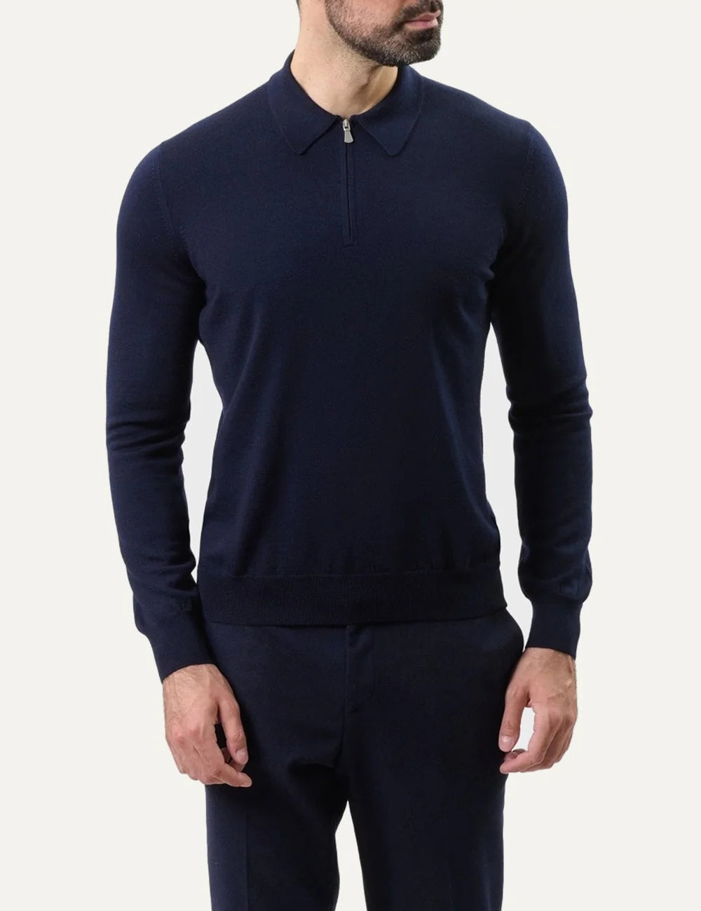 Gran Sasso men navy wool polo sweater with half-zip collar and long sleeves