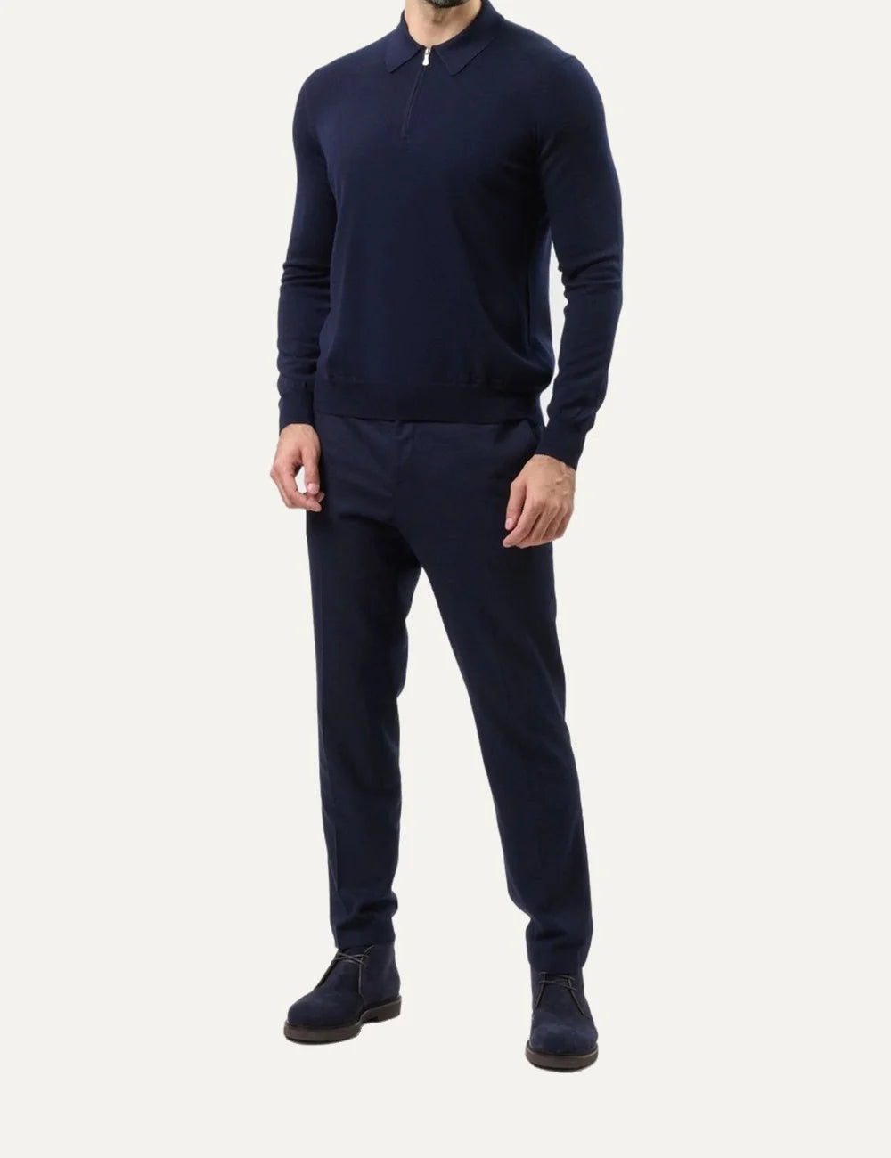 Gran Sasso men navy wool polo sweater with half-zip collar and long sleeves full body