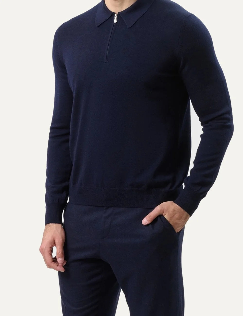 Gran Sasso men navy wool polo sweater with half-zip collar and long sleeves model