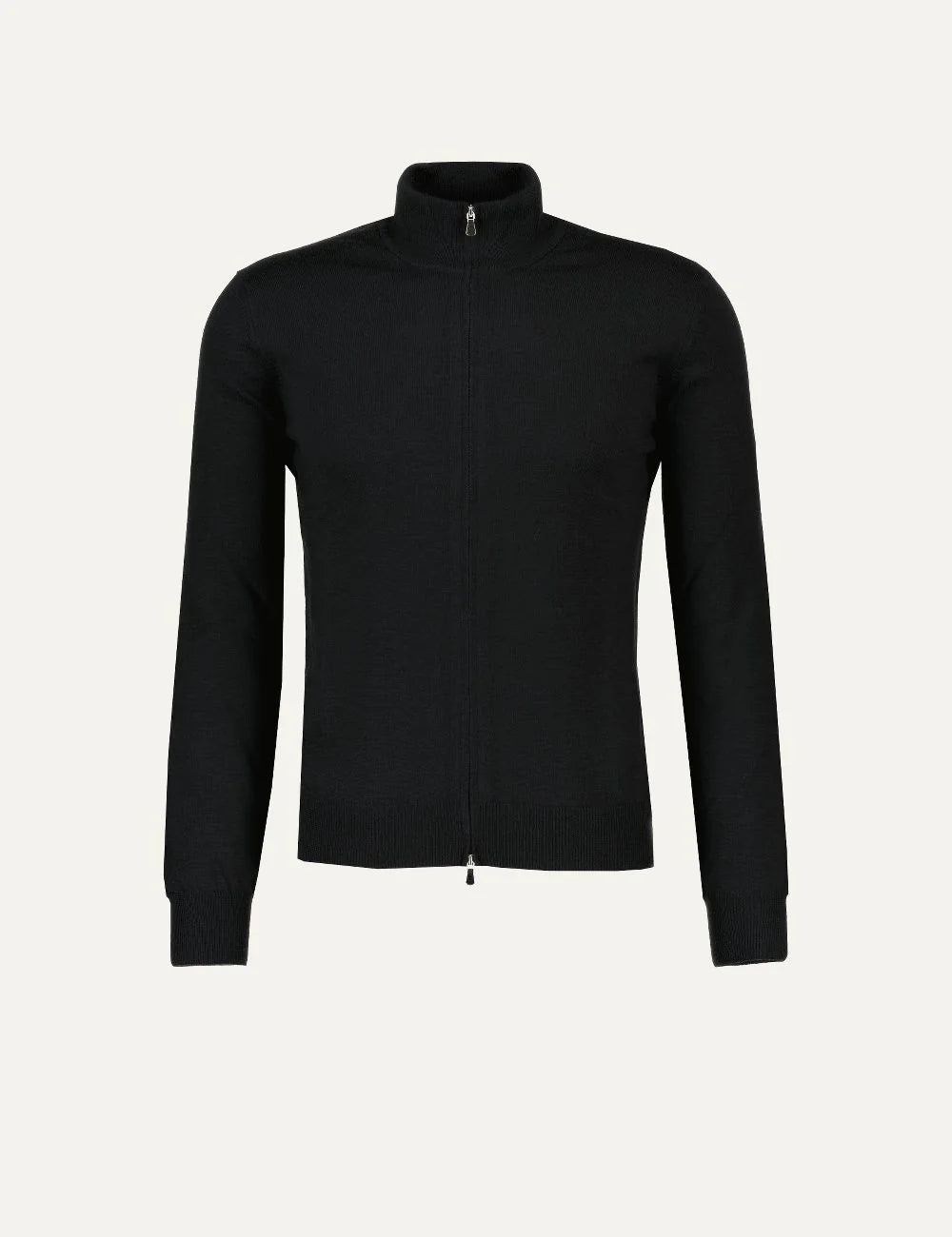 Gran Sasso men black virgin wool knitted cardigan with high neck and double zip fastening