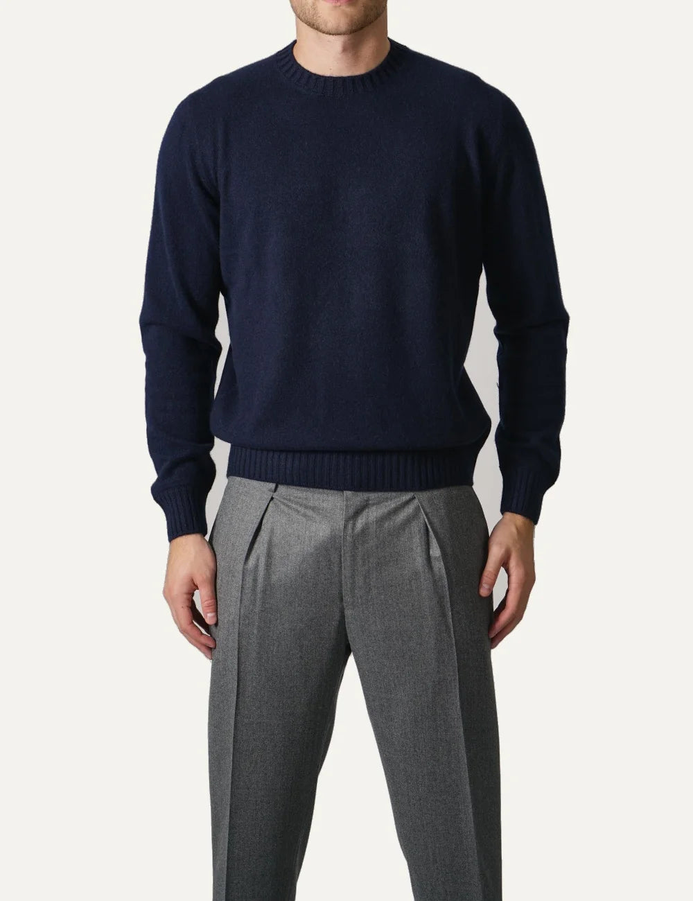 Gran Sasso men navy blue cashmere crew neck sweater with ribbed trims