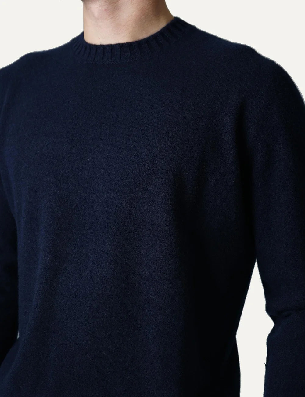 Gran Sasso men navy blue cashmere crew neck sweater with ribbed trims model