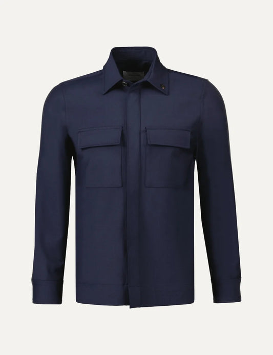 Gran Sasso men navy Technical Wool overshirt with concealed button closure and flap patch pockets