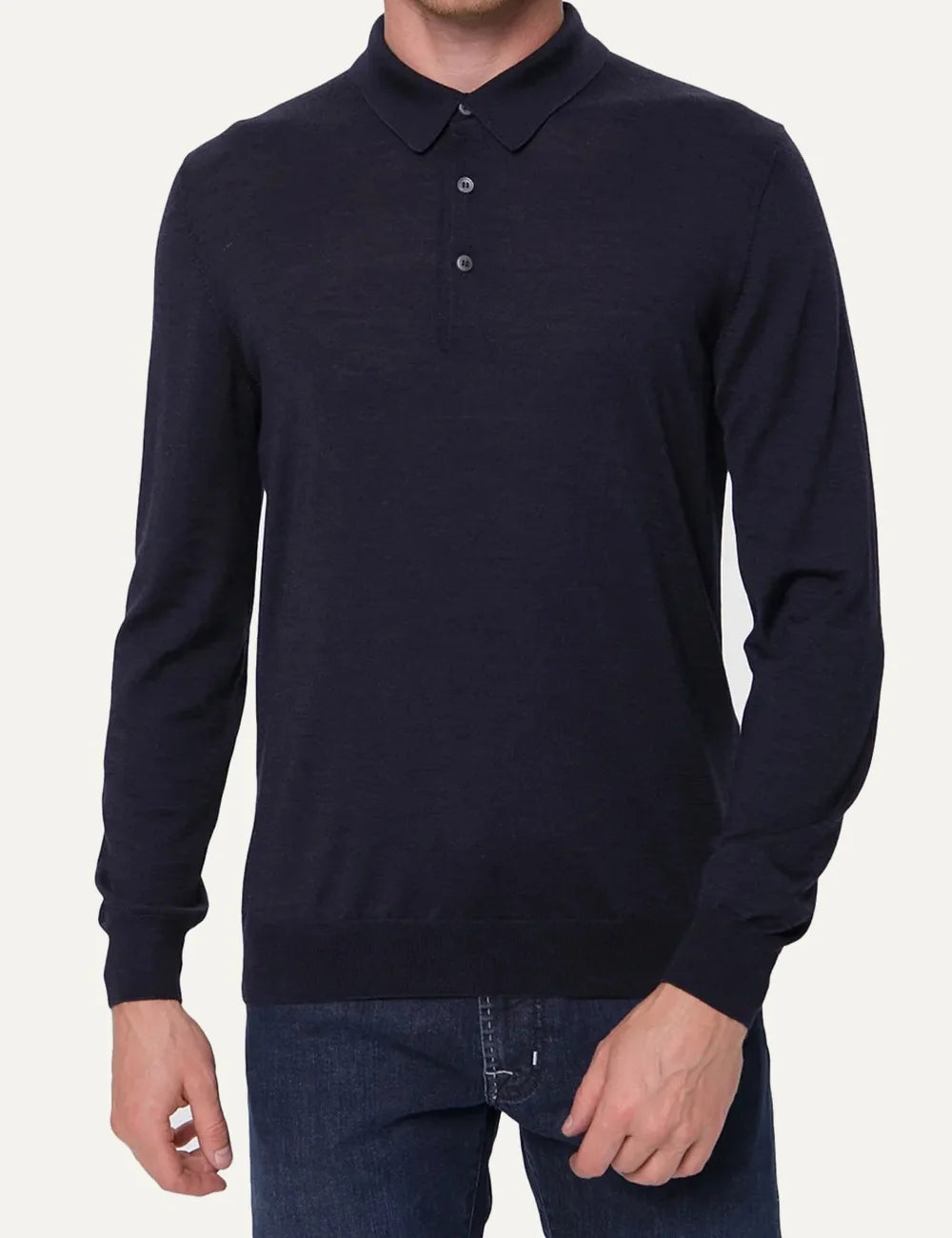 Gran Sasso men navy blue wool and silk long sleeve polo shirt with button placket and ribbed trims
