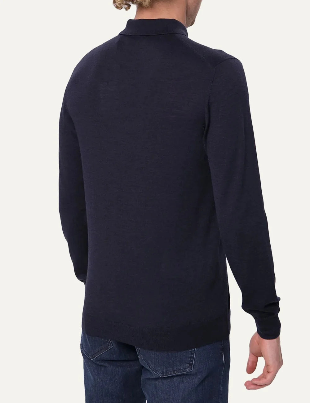 Gran Sasso men navy blue wool and silk long sleeve polo shirt with button placket and ribbed trims back