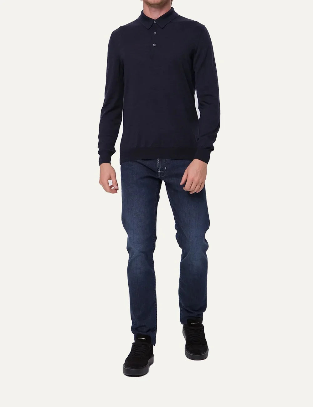 Gran Sasso men navy blue wool and silk long sleeve polo shirt with button placket and ribbed trims full body