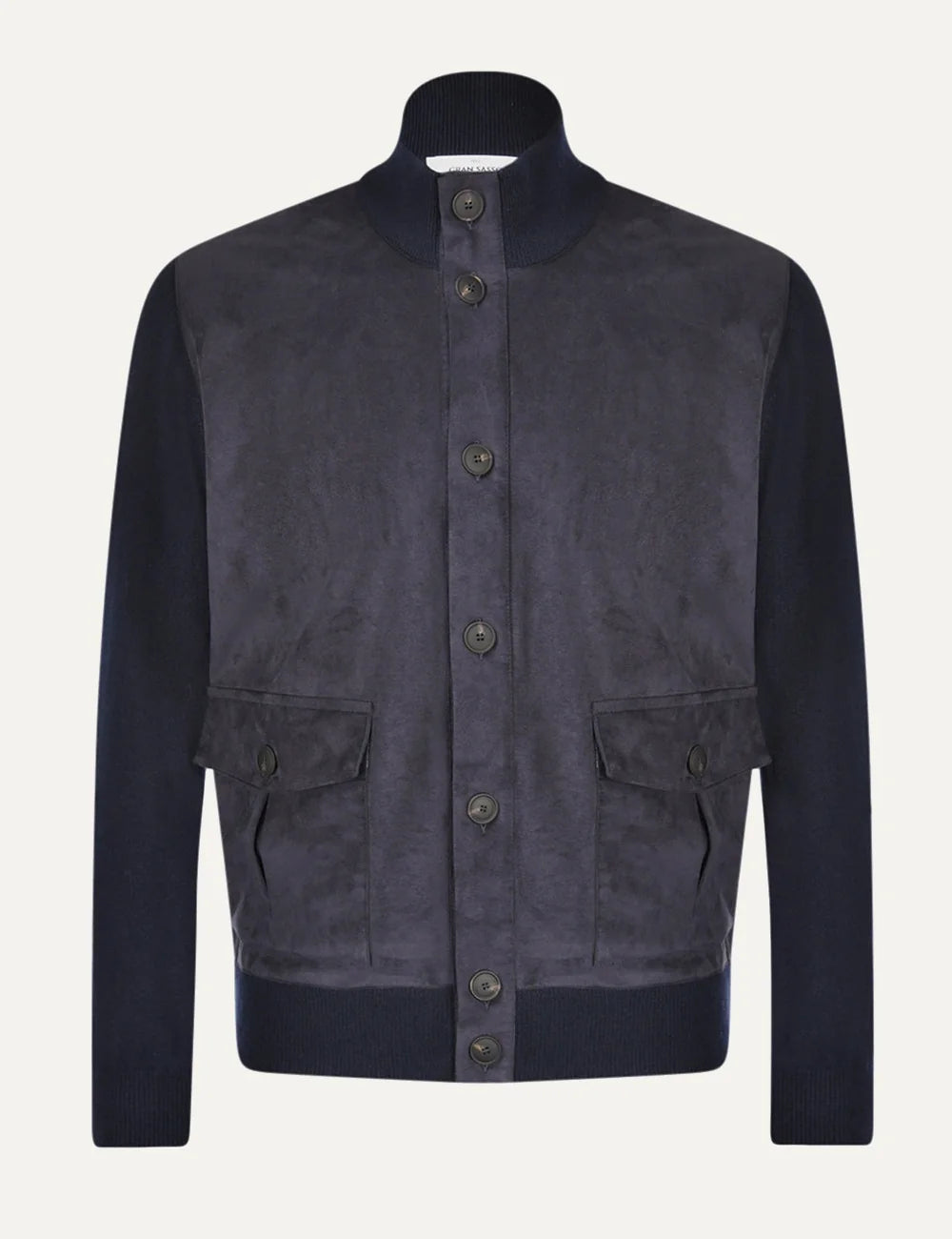 Gran Sasso men navy cashmere blend jacket with Alcantara front, button fastening and flap pockets
