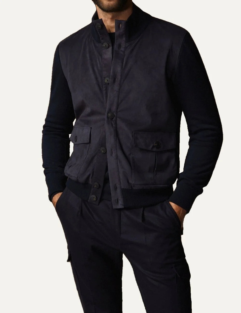 Gran Sasso men navy cashmere blend jacket with Alcantara front, button fastening and flap pockets model